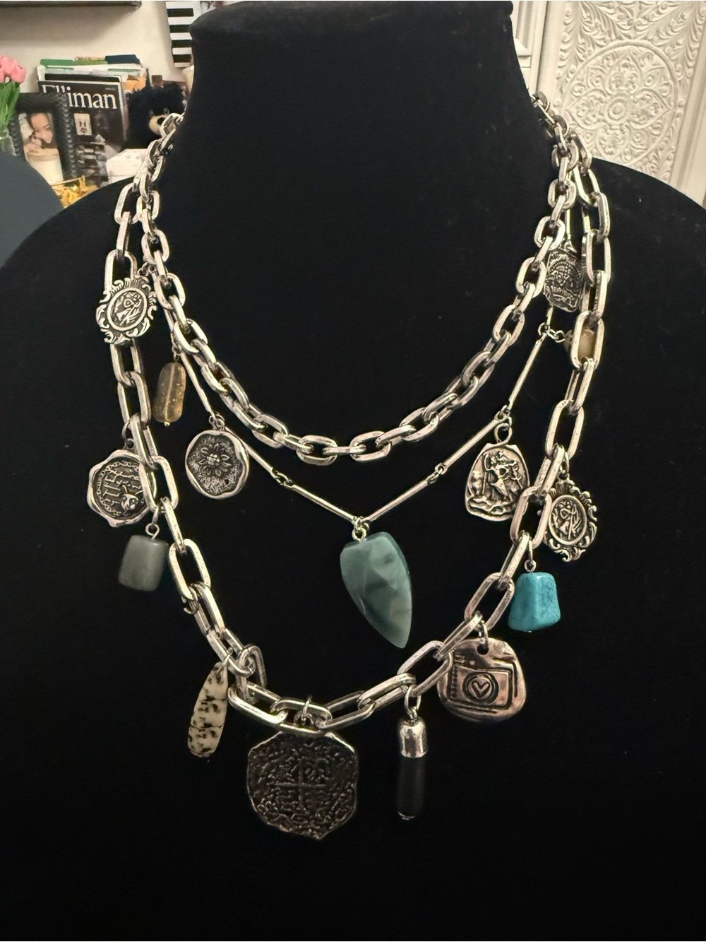 Silver-Tone Multi-Row Charm Necklace with Blue-Green Stone Accents